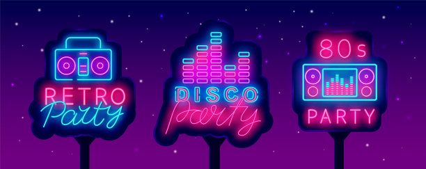 复古派对之夜霓虹街头广告牌集合。80年代迪斯科舞会。明亮的一点。向量股票插图图片 复古派对之夜霓虹街头广告牌集合。80年代迪斯科舞会。明亮的一点。向量股票插图图片下载