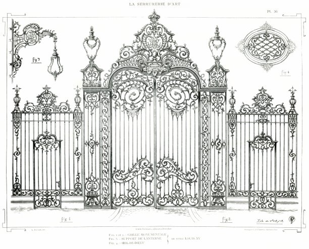 纪念碑格栅,灯笼支撑,和牛眼窗,路易十五风格(4个设计),1890 Ironwork Art。图片 纪念碑格栅,灯笼支撑,和牛眼窗,路易十五风格(4个设计),1890 Ironwork Art。图片下载