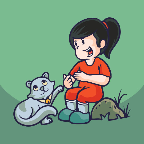 手绘儿童卡通活动的女孩喂猫。图片 手绘儿童卡通活动的女孩喂猫。图片下载