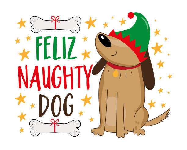 Feliz Naughty Dog -有趣的口号和可爱的狗在精灵帽子与狗骨。图片 Feliz Naughty Dog -有趣的口号和可爱的狗在精灵帽子与狗骨。图片下载