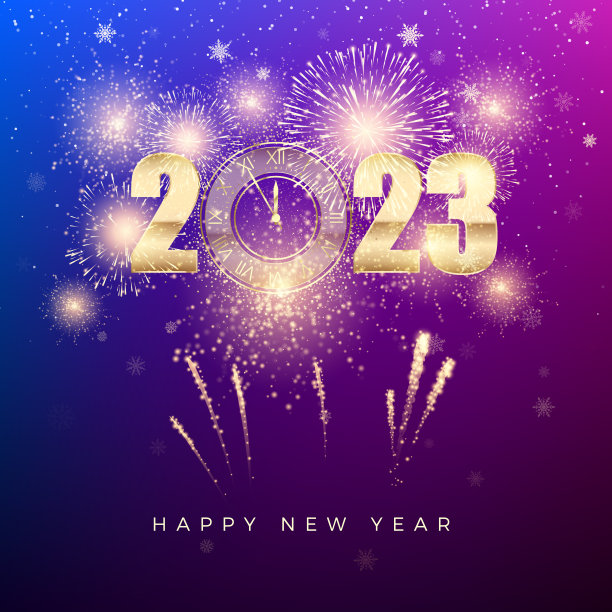 2023年新年快乐。新年旗帜与黄金数字,时钟和烟花图片 2023年新年快乐。新年旗帜与黄金数字,时钟和烟花图片下载