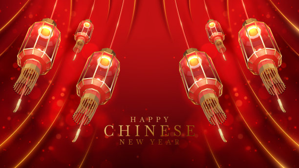 现实的红色中国新年灯笼与金色曲线线元素和闪闪发光的光效果装饰和散景。3d奢华风格背景。矢量插图。图片 现实的红色中国新年灯笼与金色曲线线元素和闪闪发光的光效果装饰和散景。3d奢华风格背景。矢量插图。图片下载