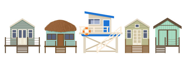 卡通夏日沙滩小屋,沙滩小屋。平房沙滩避暑小屋,海沙建筑平面矢量插图在白色背景图片 卡通夏日沙滩小屋,沙滩小屋。平房沙滩避暑小屋,海沙建筑平面矢量插图在白色背景图片下载