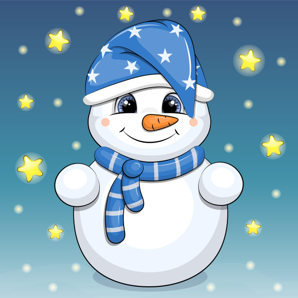 可爱的卡通雪人戴着睡帽和围巾。图片 可爱的卡通雪人戴着睡帽和围巾。图片下载