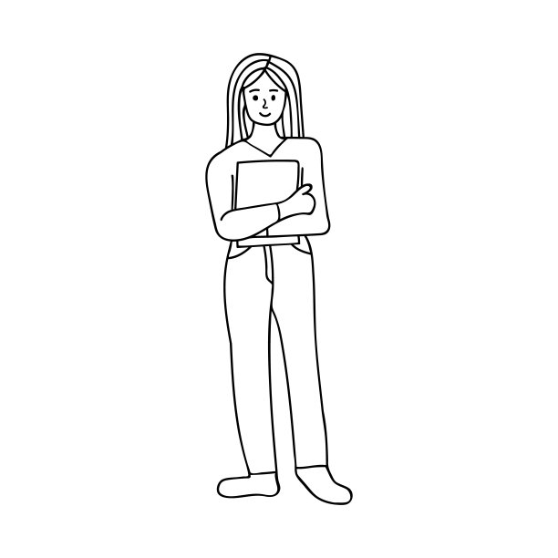 站着的女人拿着笔记本前视图涂鸦插图矢量。成年女孩站在矢量手捧书图标。图片 站着的女人拿着笔记本前视图涂鸦插图矢量。成年女孩站在矢量手捧书图标。图片下载
