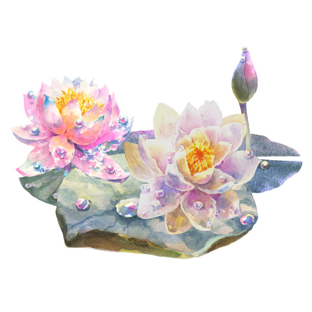 植物水彩画睡莲与露珠在白色背景。图片 植物水彩画睡莲与露珠在白色背景。图片下载