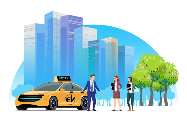 黄色电动车出租车。城市中电动汽车的使用情况。城市社会的生活理念。绿色能源概念,矢量插图图片 黄色电动车出租车。城市中电动汽车的使用情况。城市社会的生活理念。绿色能源概念,矢量插图图片下载