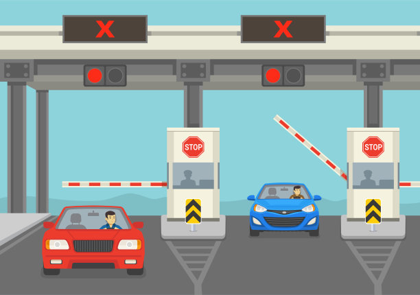 汽车通过有路障的高速公路检查站。交通流的前视图。图片 汽车通过有路障的高速公路检查站。交通流的前视图。图片下载