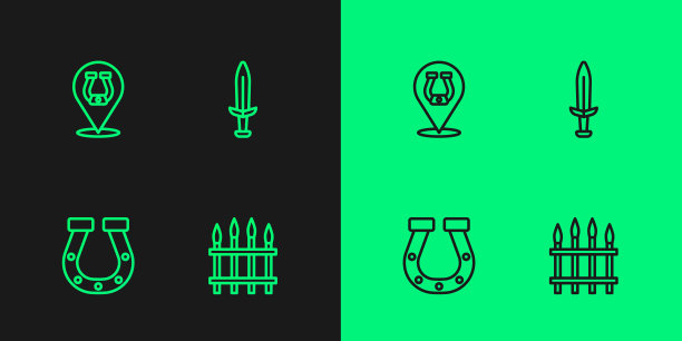 经典的铁栅栏,马蹄铁和中世纪的剑图标。向量图片 经典的铁栅栏,马蹄铁和中世纪的剑图标。向量图片下载