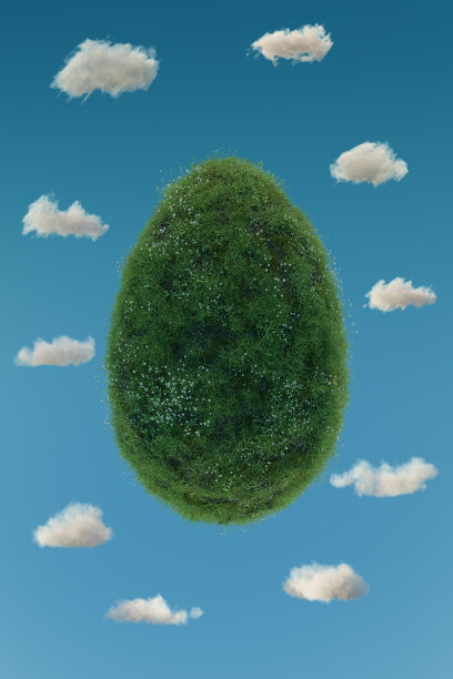 在蓝色的天空前,一个被草和花草地覆盖的大鸡蛋形状的3D渲染。快乐复活节概念图片 在蓝色的天空前,一个被草和花草地覆盖的大鸡蛋形状的3D渲染。快乐复活节概念图片下载