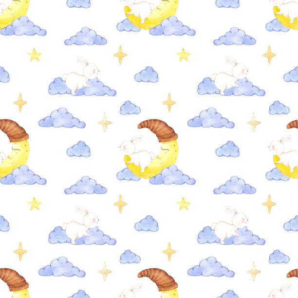手绘水彩蓝云与睡兔笑月无缝图案。孤立在白色背景上。可用于儿童纺织品、礼品包装、织物、墙纸等。图片 手绘水彩蓝云与睡兔笑月无缝图案。孤立在白色背景上。可用于儿童纺织品、礼品包装、织物、墙纸等。图片下载