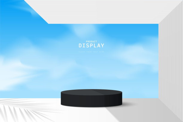 最小的天空演播室场景。黑色三维圆柱体基座,以云和蓝天为背景,结构,棕榈叶阴影。现代三维矢量几何形式的设计。舞台表演化妆。图片 最小的天空演播室场景。黑色三维圆柱体基座,以云和蓝天为背景,结构,棕榈叶阴影。现代三维矢量几何形式的设计。舞台表演化妆。图片下载