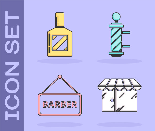 集理发店建筑,须后水,理发店和经典理发店杆子图标。向量图片 集理发店建筑,须后水,理发店和经典理发店杆子图标。向量图片下载