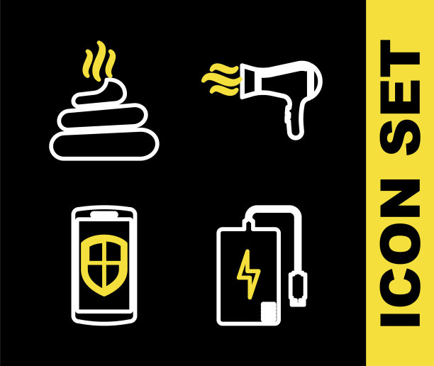 设置线路吹风机,智能手机电池充电,金钱保护和下载箭头与文件夹图标。向量图片 设置线路吹风机,智能手机电池充电,金钱保护和下载箭头与文件夹图标。向量图片下载