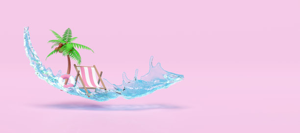 水溅沙滩椅,棕榈树,救生圈,空间隔离在粉红色的背景。夏季旅游概念,3d渲染插图图片 水溅沙滩椅,棕榈树,救生圈,空间隔离在粉红色的背景。夏季旅游概念,3d渲染插图图片下载