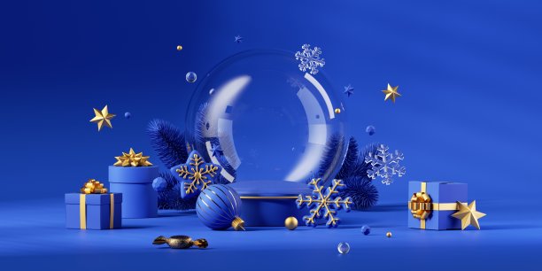 3d渲染,节日蓝色背景与圣诞饰品,空玻璃雪球,包装礼盒和云杉树枝。现代节日横幅模板图片 3d渲染,节日蓝色背景与圣诞饰品,空玻璃雪球,包装礼盒和云杉树枝。现代节日横幅模板图片下载