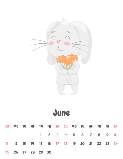 2023年6月的日历页,可爱的兔子微笑着捧着一束春天的鲜花。可爱的动物,一个色彩柔和的角色。孩子们的日历。白色矢量插图图片 2023年6月的日历页,可爱的兔子微笑着捧着一束春天的鲜花。可爱的动物,一个色彩柔和的角色。孩子们的日历。白色矢量插图图片下载