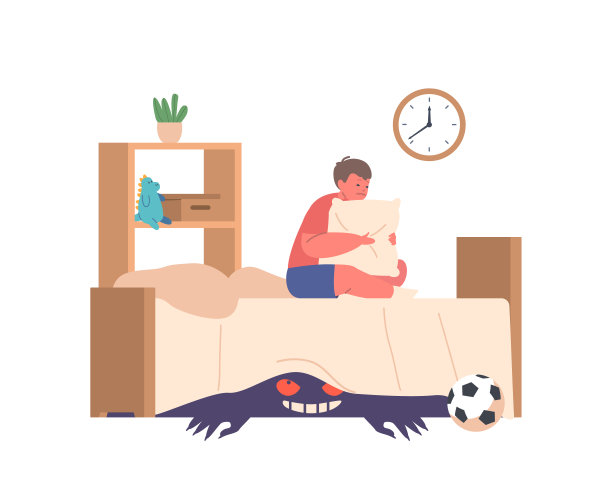 闭着眼睛,抱着枕头,害怕床下潜伏的怪物的恐怖男孩角色图片 闭着眼睛,抱着枕头,害怕床下潜伏的怪物的恐怖男孩角色图片下载