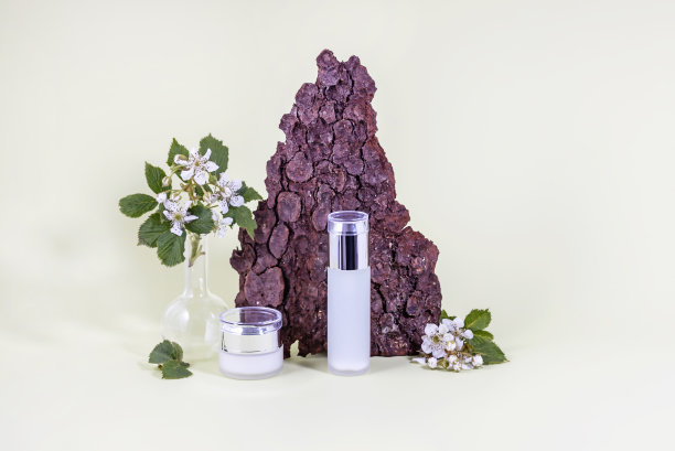 化妆品包装。化妆品瓶与面霜或血清对树皮和开花黑莓细枝的背景图片 化妆品包装。化妆品瓶与面霜或血清对树皮和开花黑莓细枝的背景图片下载