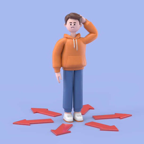 三维插图微笑的男性男子卡迪尔站在十字路口箭头。站立选择道路。蓝色背景的3D渲染。图片 三维插图微笑的男性男子卡迪尔站在十字路口箭头。站立选择道路。蓝色背景的3D渲染。图片下载