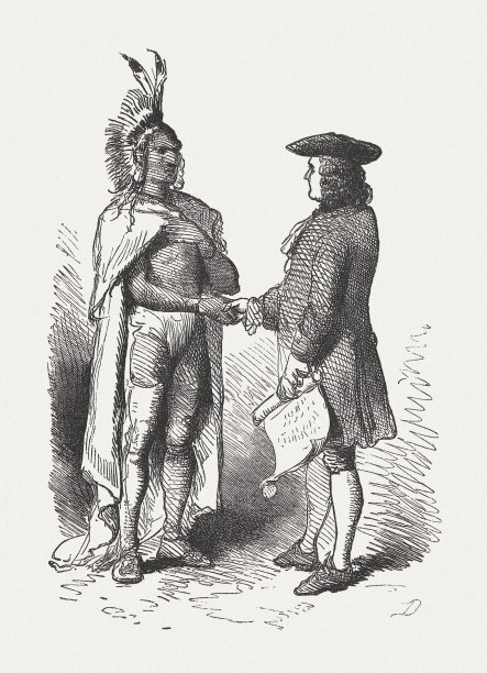 威廉·佩恩的《与印第安人的条约》,1682年,木版,1876年出版图片 威廉·佩恩的《与印第安人的条约》,1682年,木版,1876年出版图片下载