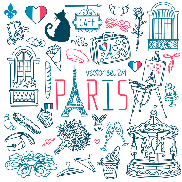 巴黎和法国的涂鸦集。法国传统的象征、食物和地标。图片 巴黎和法国的涂鸦集。法国传统的象征、食物和地标。图片下载