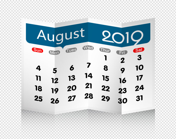 矢量2019年8月日历折叠纸隔离图片 矢量2019年8月日历折叠纸隔离图片下载