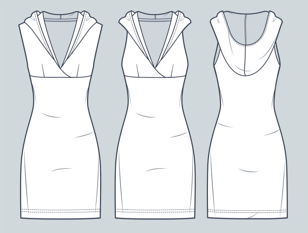 连帽连衣裙技术时尚插画。套衫连衣裙时尚平面技术图纸模板,修身,迷你长度,无袖,前后视图,白色,女装CAD模型集。图片 连帽连衣裙技术时尚插画。套衫连衣裙时尚平面技术图纸模板,修身,迷你长度,无袖,前后视图,白色,女装CAD模型集。图片下载