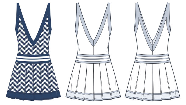 女式v领连衣裙技术时尚插画,犬牙花纹。百褶裙时尚平面技术图纸模板,迷你裙,无袖,前,后视图,白色,蓝色,女装CAD模型集。图片 女式v领连衣裙技术时尚插画,犬牙花纹。百褶裙时尚平面技术图纸模板,迷你裙,无袖,前,后视图,白色,蓝色,女装CAD模型集。图片下载