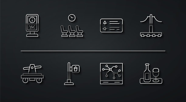 设有线路信息站,火车,铁路,地图,咖啡厅餐厅位置,候车室,玻璃酒瓶和道路交通标志图标。向量图片 设有线路信息站,火车,铁路,地图,咖啡厅餐厅位置,候车室,玻璃酒瓶和道路交通标志图标。向量图片下载