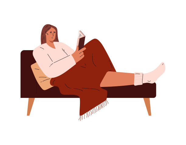 快乐的女人坐在沙发上的毯子下看书,矢量舒适的家的心情,卡通女书迷图片 快乐的女人坐在沙发上的毯子下看书,矢量舒适的家的心情,卡通女书迷图片下载