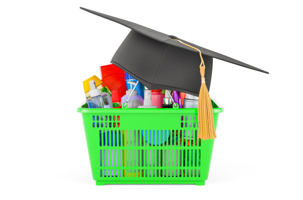 化妆品购物篮和教育帽。三维渲染图片 化妆品购物篮和教育帽。三维渲染图片下载