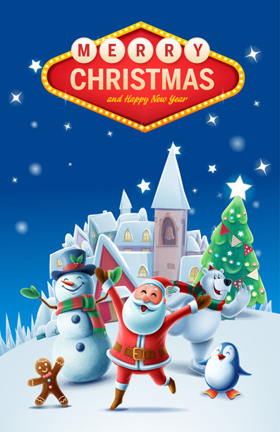 圣诞村插画,有圣诞老人、雪人、熊、企鹅和姜饼人,配有灯牌。图片 圣诞村插画,有圣诞老人、雪人、熊、企鹅和姜饼人,配有灯牌。图片下载