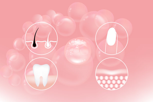 透明质酸护发、护齿、护甲、护肤解决方案广告,粉色胶原蛋白精华滴管,带有可供使用的化妆品广告背景,矢量插画。图片 透明质酸护发、护齿、护甲、护肤解决方案广告,粉色胶原蛋白精华滴管,带有可供使用的化妆品广告背景,矢量插画。图片下载