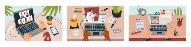 一组矢量插画,描绘了在不同场景下使用笔记本电脑打字的手:视频会议、远程医疗咨询和在线工作面试。图片 一组矢量插画,描绘了在不同场景下使用笔记本电脑打字的手:视频会议、远程医疗咨询和在线工作面试。图片下载