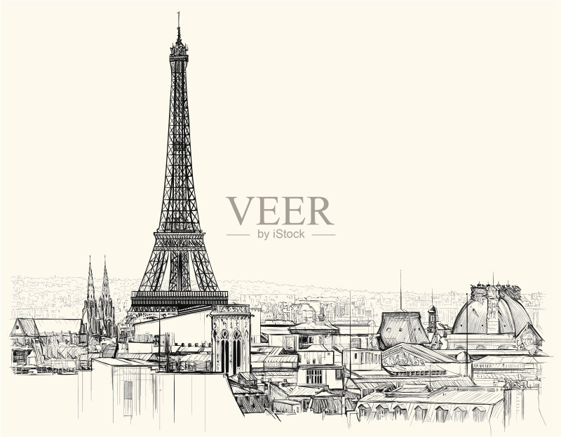 埃菲尔铁塔高耸于巴黎的屋顶之上正版插画素材