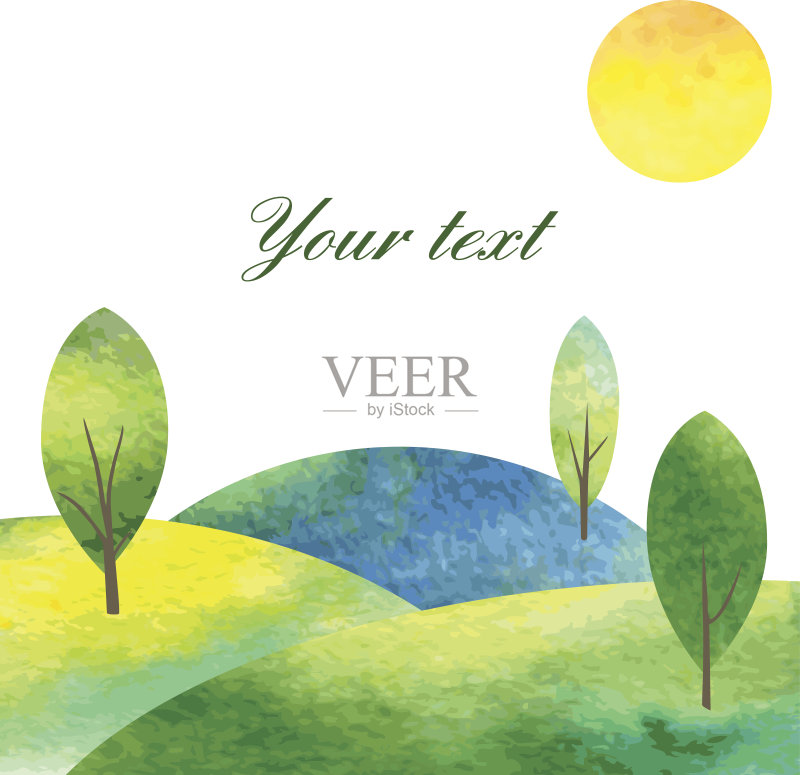 有树和太阳的水彩景观正版插画素材