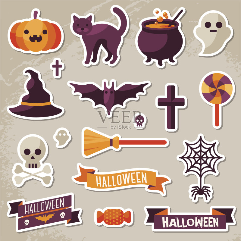 万圣节丝带和人物贴纸。正版元素素材