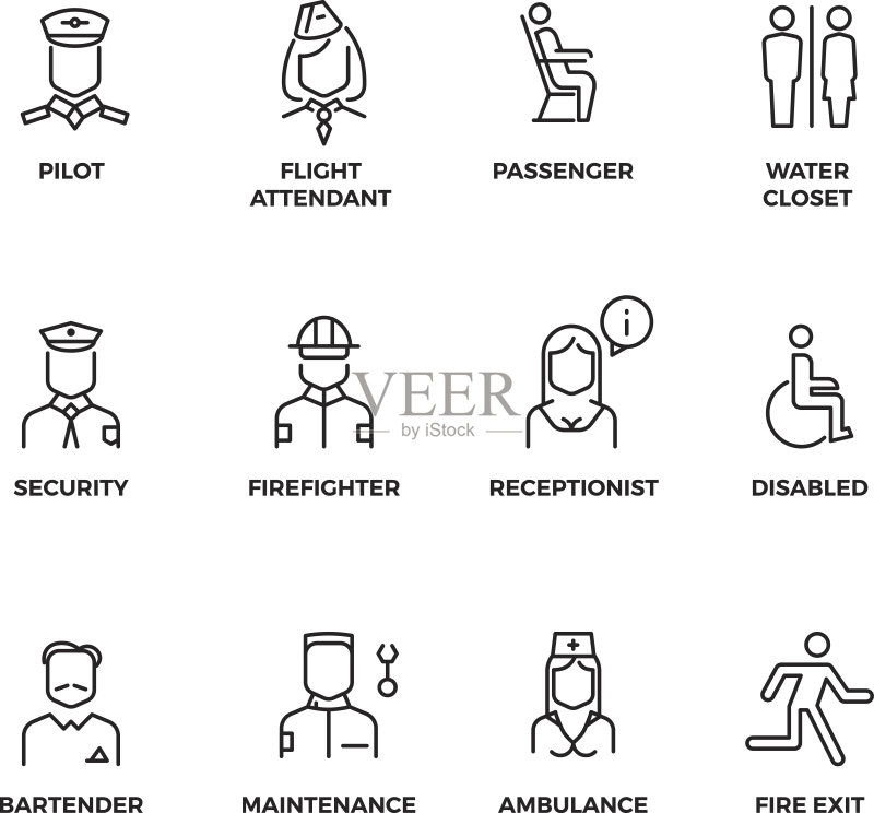 航空人员线性矢量图标:飞行员、乘客、空姐、安检员图标素材