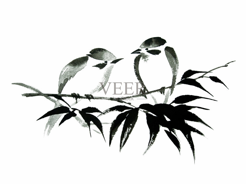 竹上两只鸟的水墨插图。烟灰墨的风格。正版元素素材