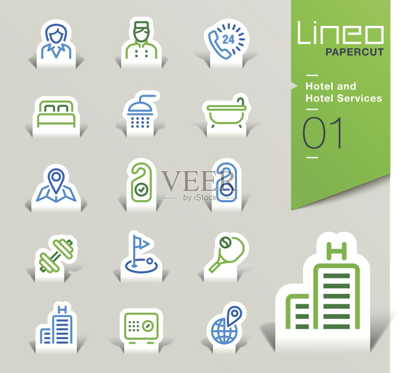 Lineo Papercut - 酒店和酒店服务线稿图标图标素材