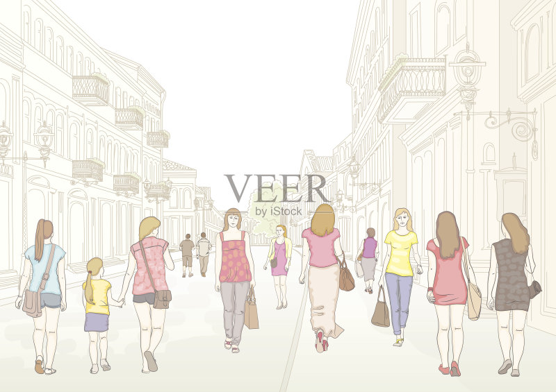 城市街道和行人正版插画素材