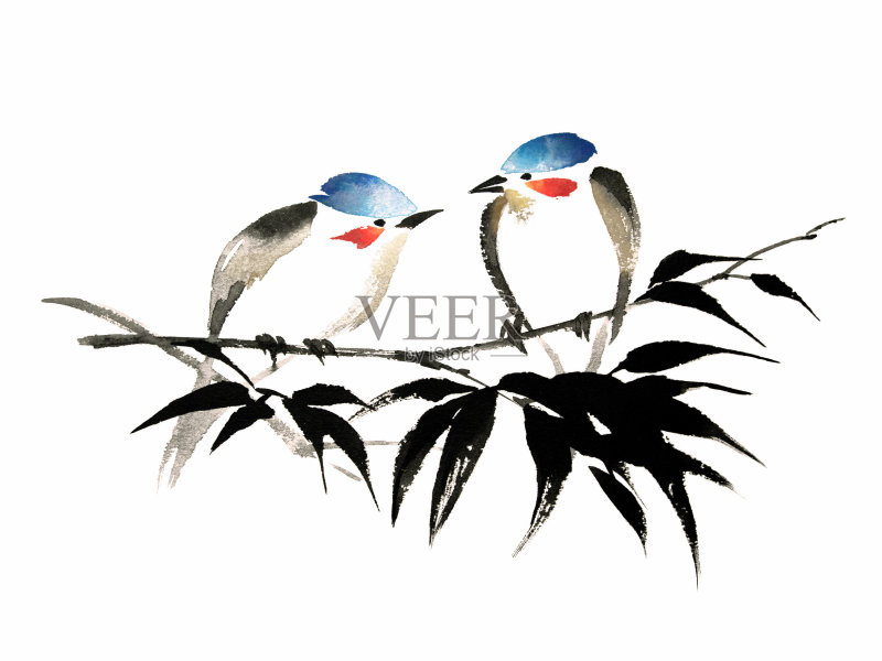 竹上两只鸟的水墨插图。烟灰墨的风格。正版元素素材