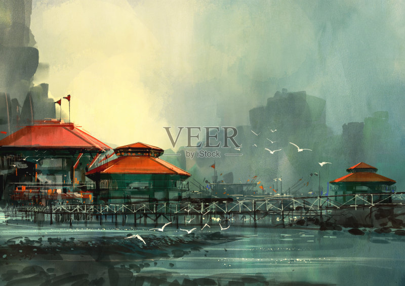 风景秀丽的海港、渔村正版插画素材