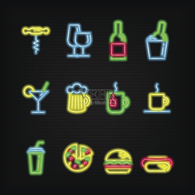 不同饮料和快餐的霓虹灯标志图标素材