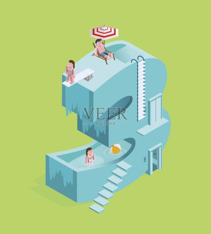 隔离高质量的等距蓝色三号在绿色背景。正版元素素材