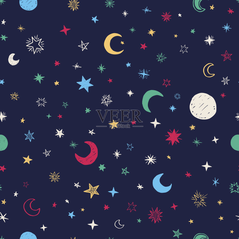 无缝模式与手绘的星星和月亮。涂鸦矢量插图。正版插画素材