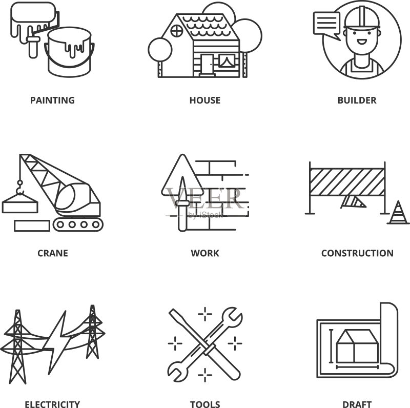 现代线条风格的建筑矢量图标集图标素材