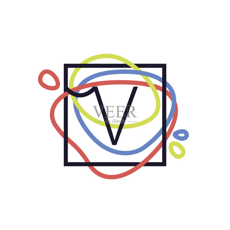 彩色线条背景上的方形V字母图标图标素材