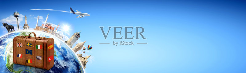 旅行背景手提箱与著名的地方正版图片素材